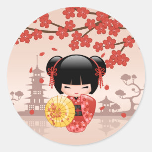 Red Sakura Kokeshi Doll Japanese Geisha Beige Classic Round Sticker
