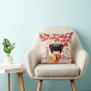Red Sakura Kokeshi Doll - Japanese Geisha Cushion