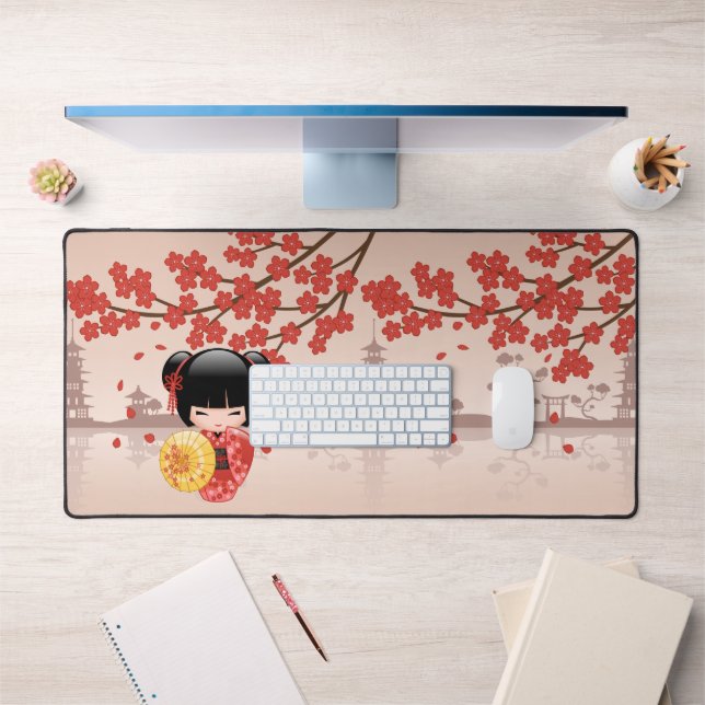 Red Sakura Kokeshi Doll - Japanese Geisha Desk Mat (Office 1)