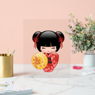Red Sakura Kokeshi Doll - Japanese Geisha Girl Acrylic Sign