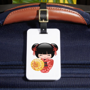 Red Sakura Kokeshi Doll - Japanese Geisha Girl Luggage Tag