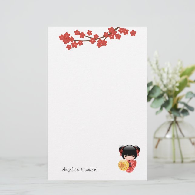 Red Sakura Kokeshi Doll - Japanese Geisha Girl Stationery (Standing Front)