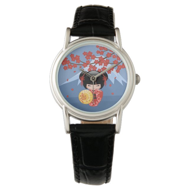Red Sakura Kokeshi Doll - Japanese Geisha Girl Watch (Front)