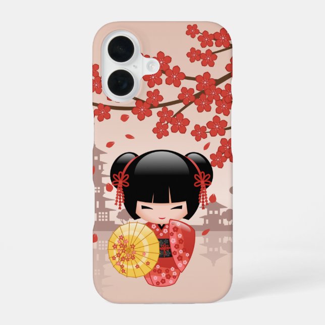 Red Sakura Kokeshi Doll - Japanese Geisha iPhone 16 Case (Back)