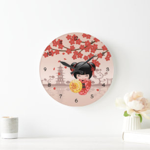 Red Sakura Kokeshi Doll - Japanese Geisha Large Clock