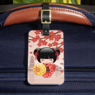 Red Sakura Kokeshi Doll - Japanese Geisha Luggage Tag