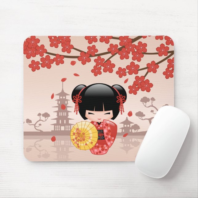 Red Sakura Kokeshi Doll - Japanese Geisha Mouse Mat (With Mouse)