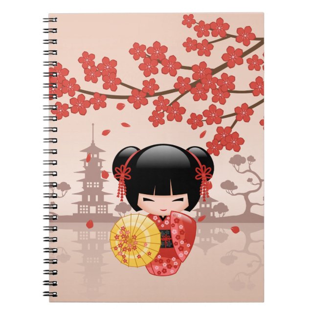 Red Sakura Kokeshi Doll - Japanese Geisha Notebook (Front)