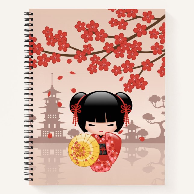 Red Sakura Kokeshi Doll - Japanese Geisha Notebook (Front)