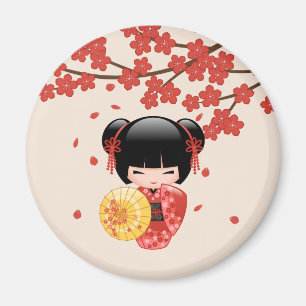 Red Sakura Kokeshi Doll Japanese Geisha on Ivory Magnet