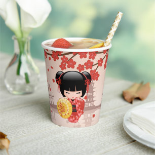 Red Sakura Kokeshi Doll - Japanese Geisha Paper Cups