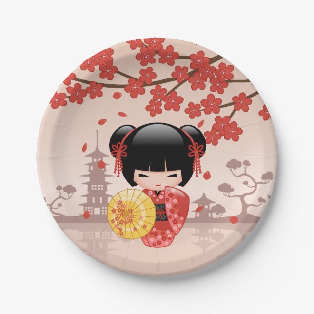 Red Sakura Kokeshi Doll - Japanese Geisha Paper Plate (Front)
