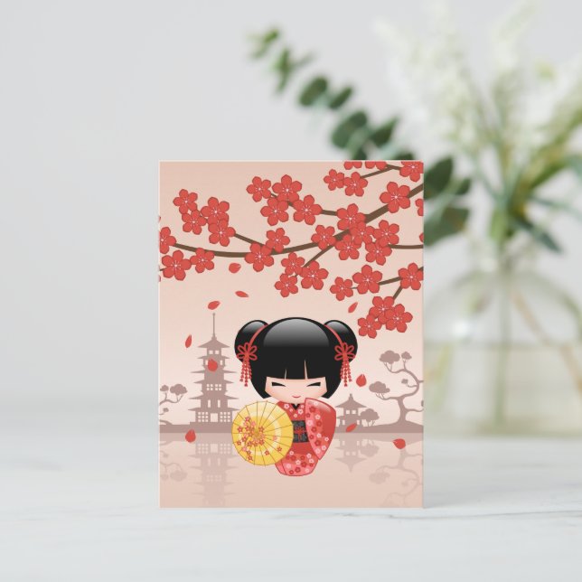 Red Sakura Kokeshi Doll - Japanese Geisha Postcard (Standing Front)