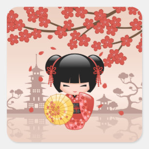 Red Sakura Kokeshi Doll - Japanese Geisha Square Sticker