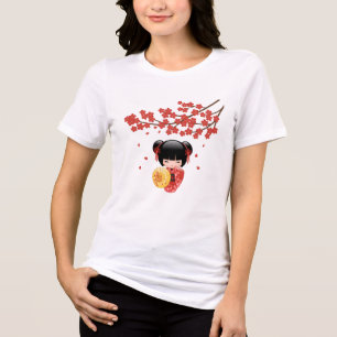 Red Sakura Kokeshi Doll - Japanese Geisha Tri-Blend Shirt
