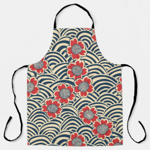 Red Sakura Navy Wave Cream Japanese Pattern Apron