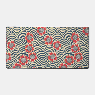 Red Sakura Navy Wave Cream Japanese Pattern Desk Mat