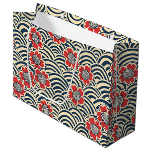 Red Sakura Navy Wave Cream Japanese Pattern Large Gift Bag