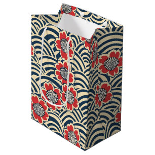 Red Sakura Navy Wave Cream Japanese Pattern Medium Gift Bag