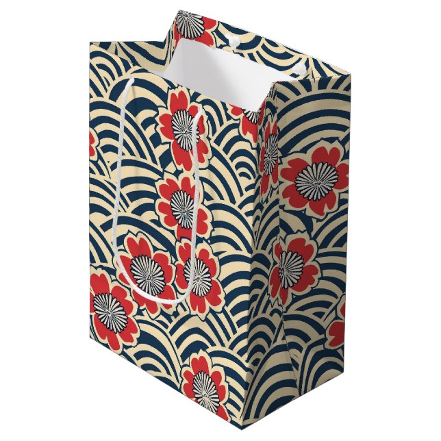 Red Sakura Navy Wave Cream Japanese Pattern Medium Gift Bag (Front Angled)