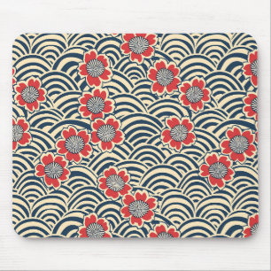Red Sakura Navy Wave Cream Japanese Pattern Mouse Mat