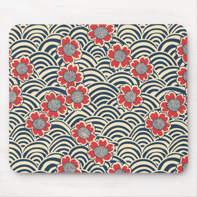 Red Sakura Navy Wave Cream Japanese Pattern Mouse Mat (Front)