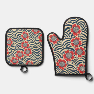 Red Sakura Navy Wave Cream Japanese Pattern Oven Mitt & Pot Holder Set