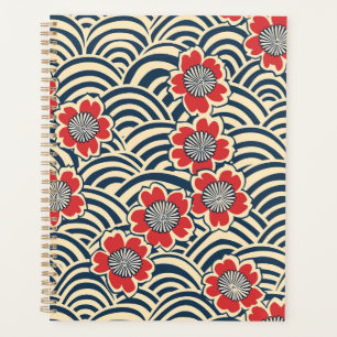 Red Sakura Navy Wave Cream Japanese Pattern Planner