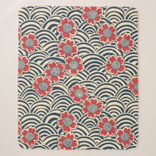 Red Sakura Navy Wave Cream Japanese Pattern Sherpa Blanket