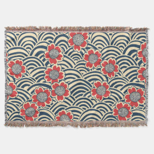 Red Sakura Navy Wave Cream Japanese Pattern Throw Blanket