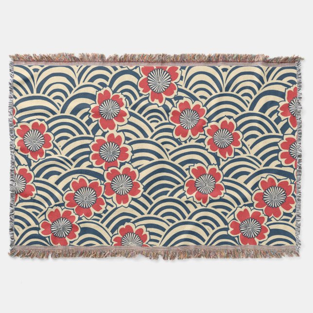 Red Sakura Navy Wave Cream Japanese Pattern Throw Blanket (Front)