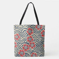 Red Sakura Navy Wave Cream Japanese Pattern