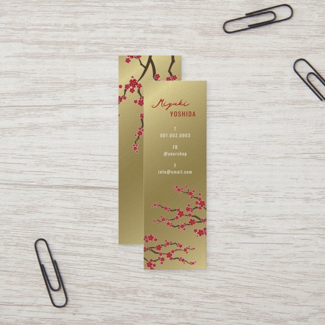 Red Sakura Oriental Cherry Blossoms Stylish Gold Mini Business Card (Front/Back In Situ)