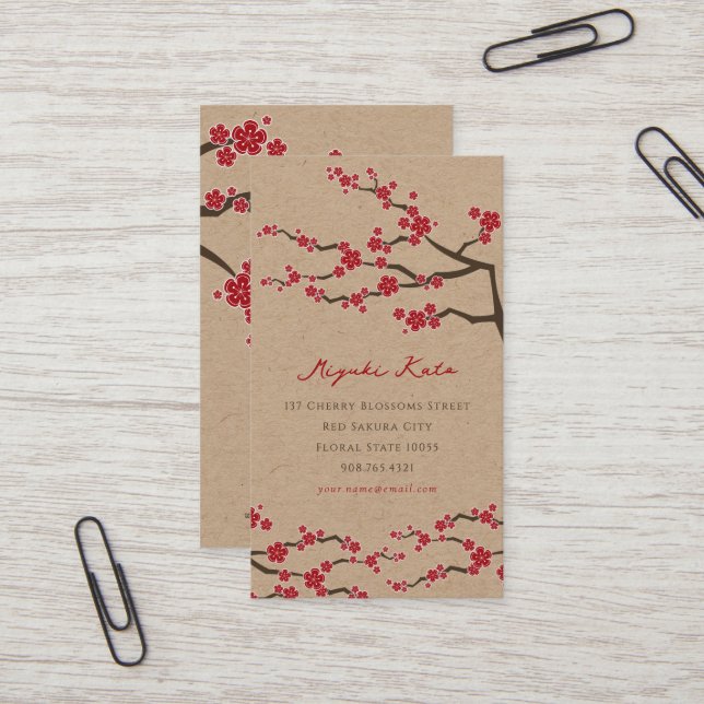Red Sakura Oriental Chic Zen Cherry Blossoms Kraft Business Card (Front/Back In Situ)