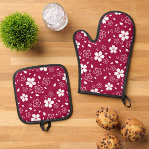 Red Sakura Pattern Oven Mitt & Pot Holder Set