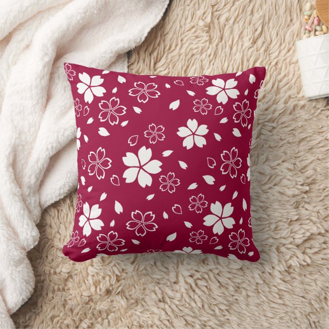 Red Sakura Pattern Throw Pillow (Blanket)
