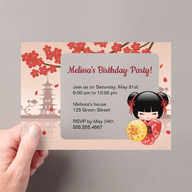 Red Sakura Transparent Window Birthday Party Acrylic Invitations (Insitu (Handheld))