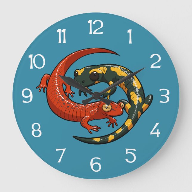 Red Salamander & Fire Salamander Illustration Large Clock (Front)