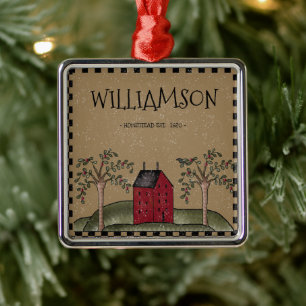RED SALTBOX HOUSE FAMILY NAME RUSTIC METAL TREE DECORATION