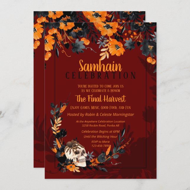 Red Samhain Floral Skull Halloween Party Invitation (Front/Back)