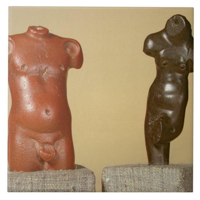 Red sandstone male torso and grey sandstone dancer tile (Front)