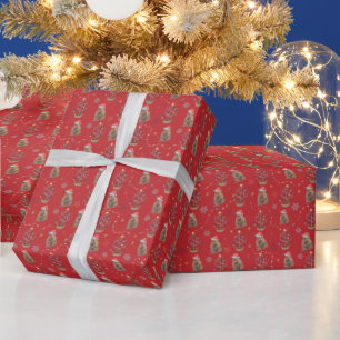 Red Santa Armadillo With Christmas Tree and Stars Wrapping Paper