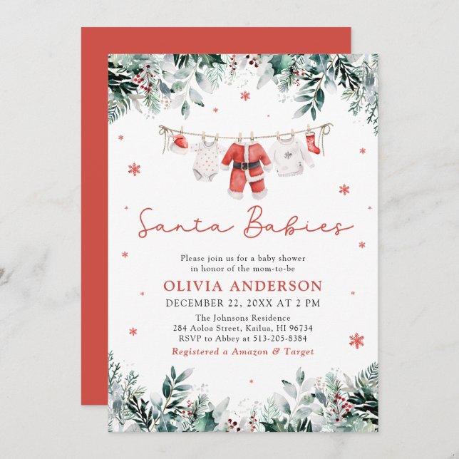 Red Santa Babies Twins Christmas Baby Shower Invitation (Front/Back)