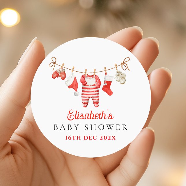 Red Santa Baby Baby Shower Classic Round Sticker (Creator Uploaded)