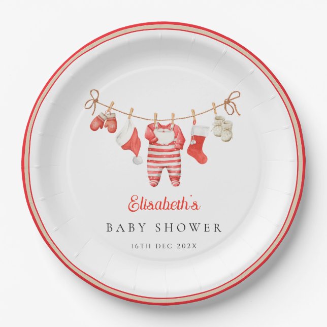 Red Santa Baby Baby Shower Paper Plate (Front)