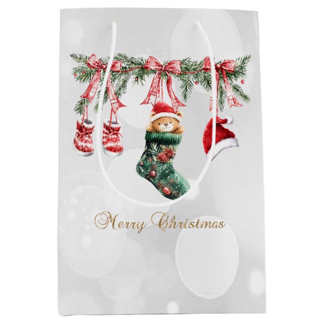 Red Santa Baby Bear Christmas Clothesline Bokeh    Medium Gift Bag (Front)