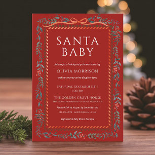 Red Santa Baby Bow Christmas Baby Shower Invitation