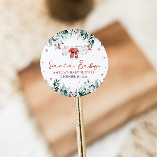 Red Santa Baby Christmas Baby Clothes Baby Shower Classic Round Sticker (Creator Uploaded)