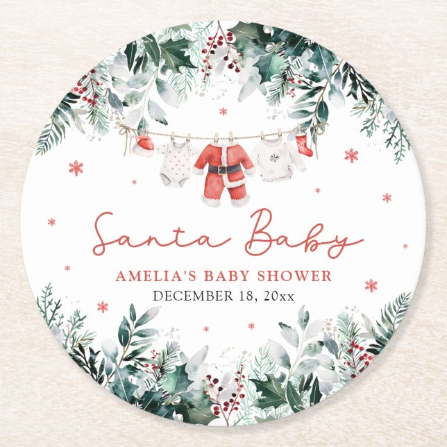 Red Santa Baby Christmas Baby Clothes Baby Shower Round Paper Coaster (Front)