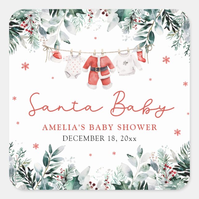 Red Santa Baby Christmas Baby Clothes Baby Shower Square Sticker (Front)